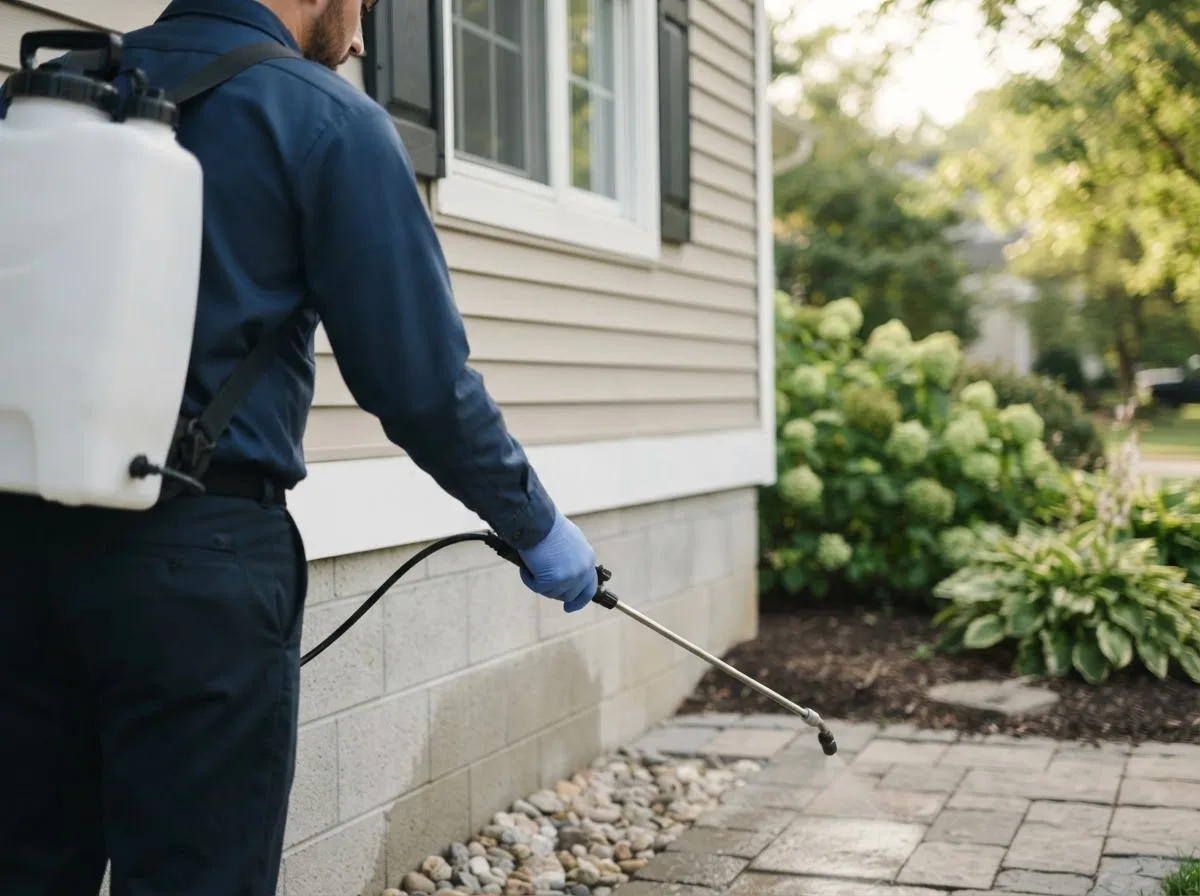 Pest control technician inspecting a home in Springport, MI